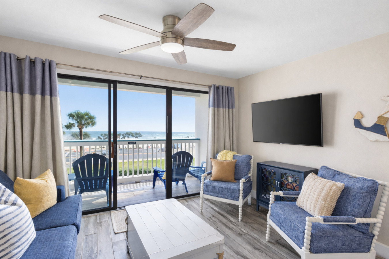 Relax indoors with ocean views in this Galveston beachfront condo.