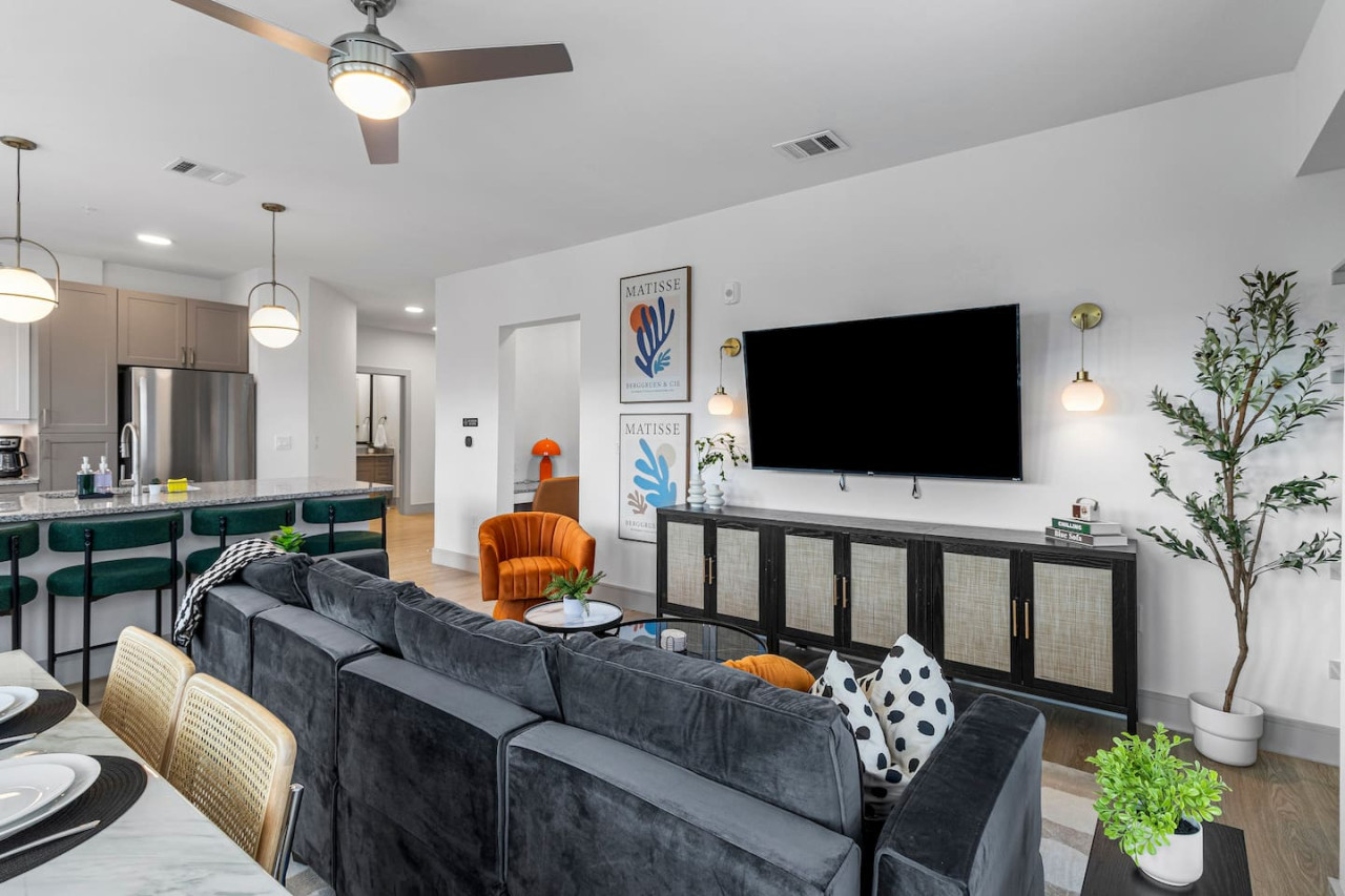 Relax in the living room and watch your favorite shows, lounging is a great way to unwind after a long day.