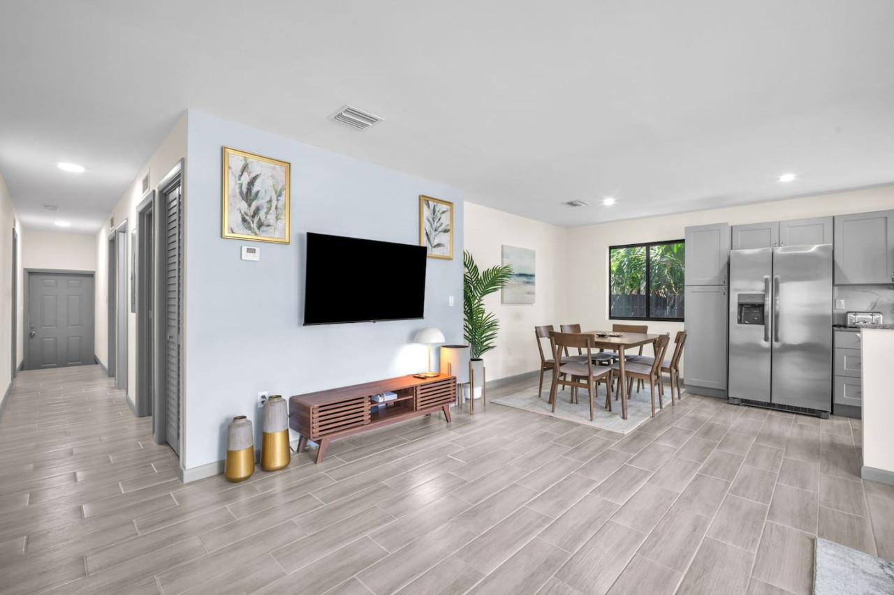 Entertainment setup with a mounted TV.