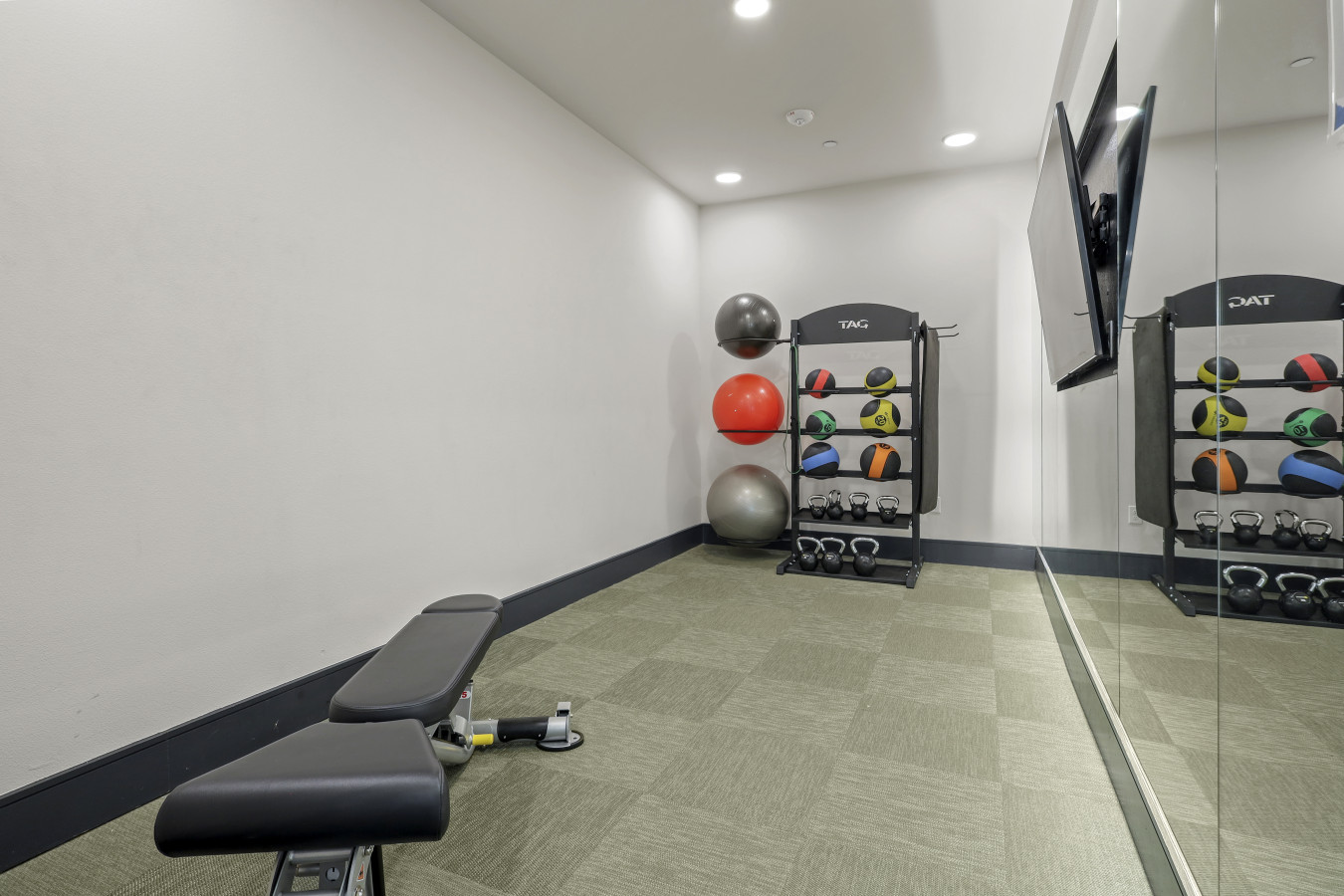 Spacious, well-lit gym equipped with a variety of cardio machines, free weights, and strength-training equipment.