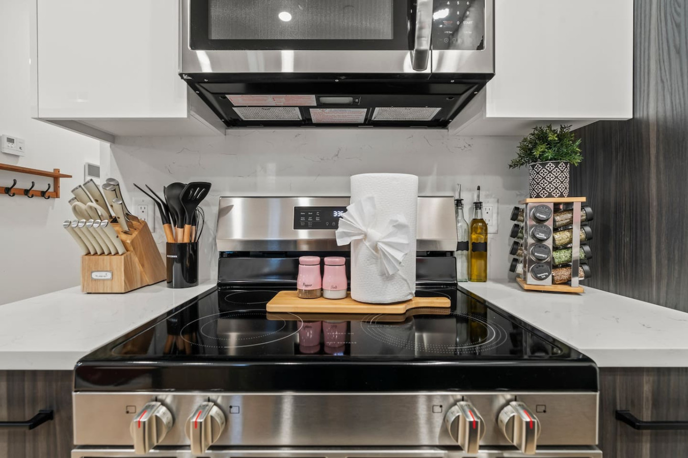 Fullly Equipped Kitchen with everyday essentials salt, pepper, oil, paper towel etc.