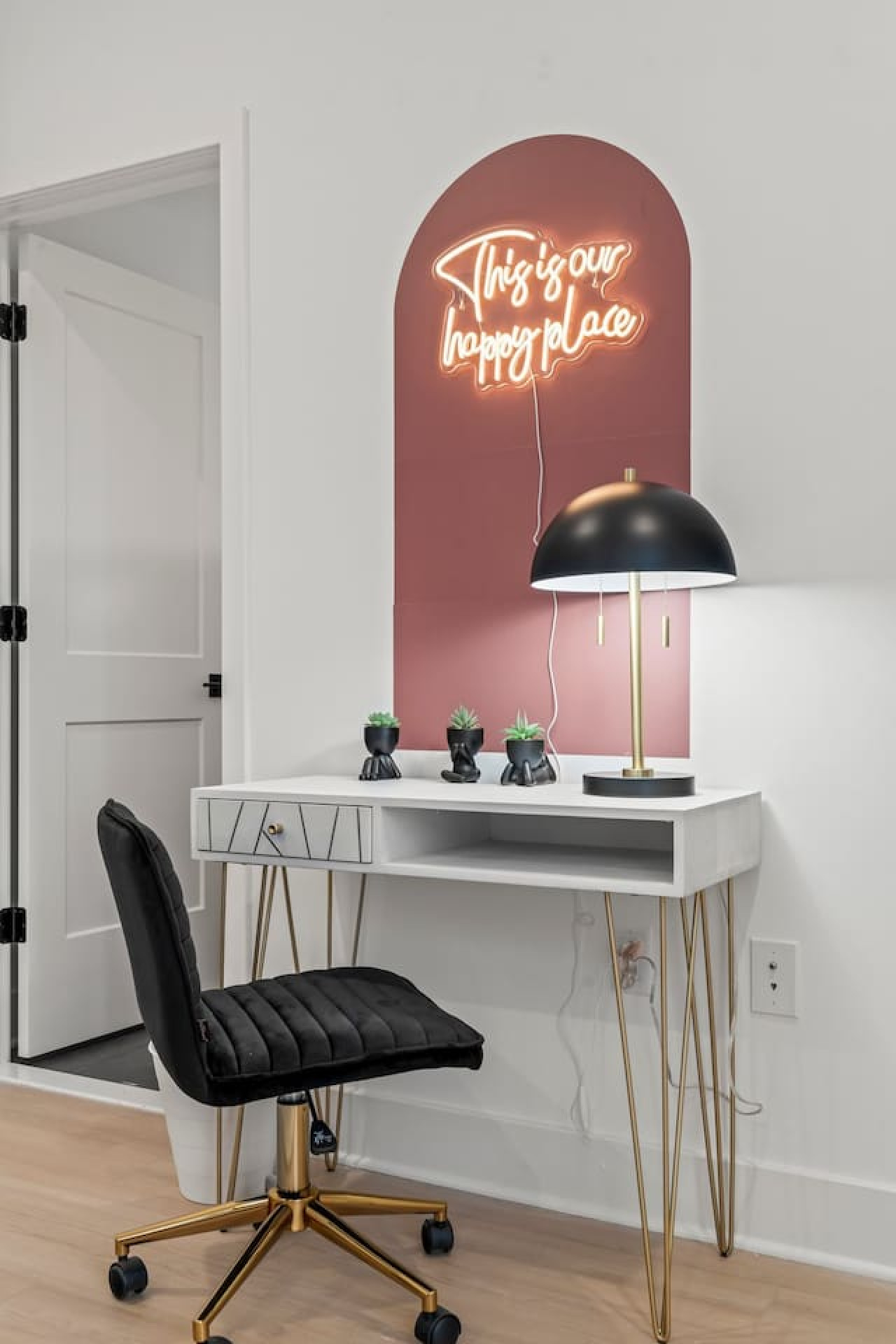 Work Desk with Rolling Chair and Table Lamp