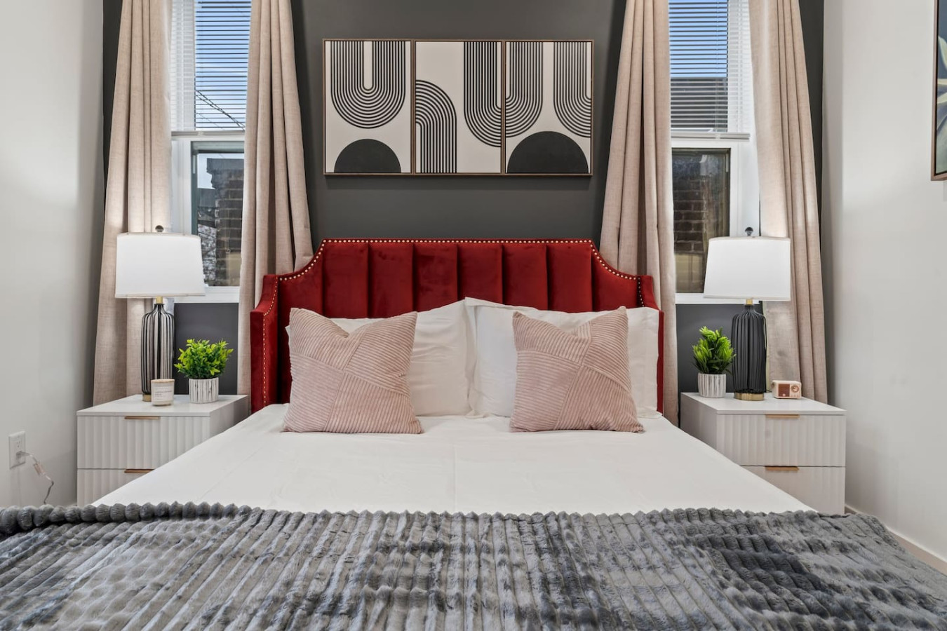 Luxurious Queen Bed with Side Tables & Night Lights. Blinds & Blackout Drapes to ensure a restful sleep