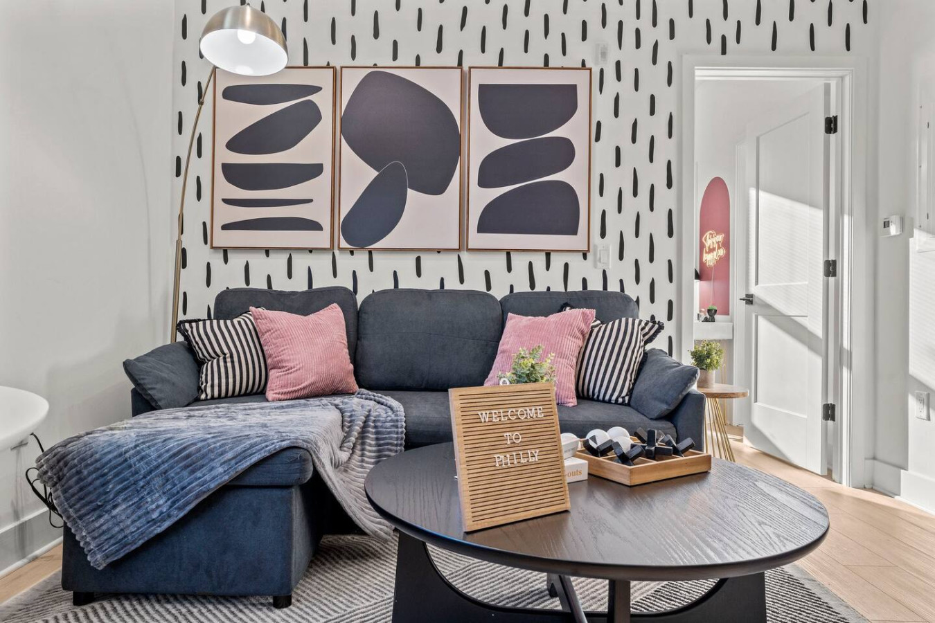 Sofa with Pull Out Bed, Coffee Table, Overhanging Light