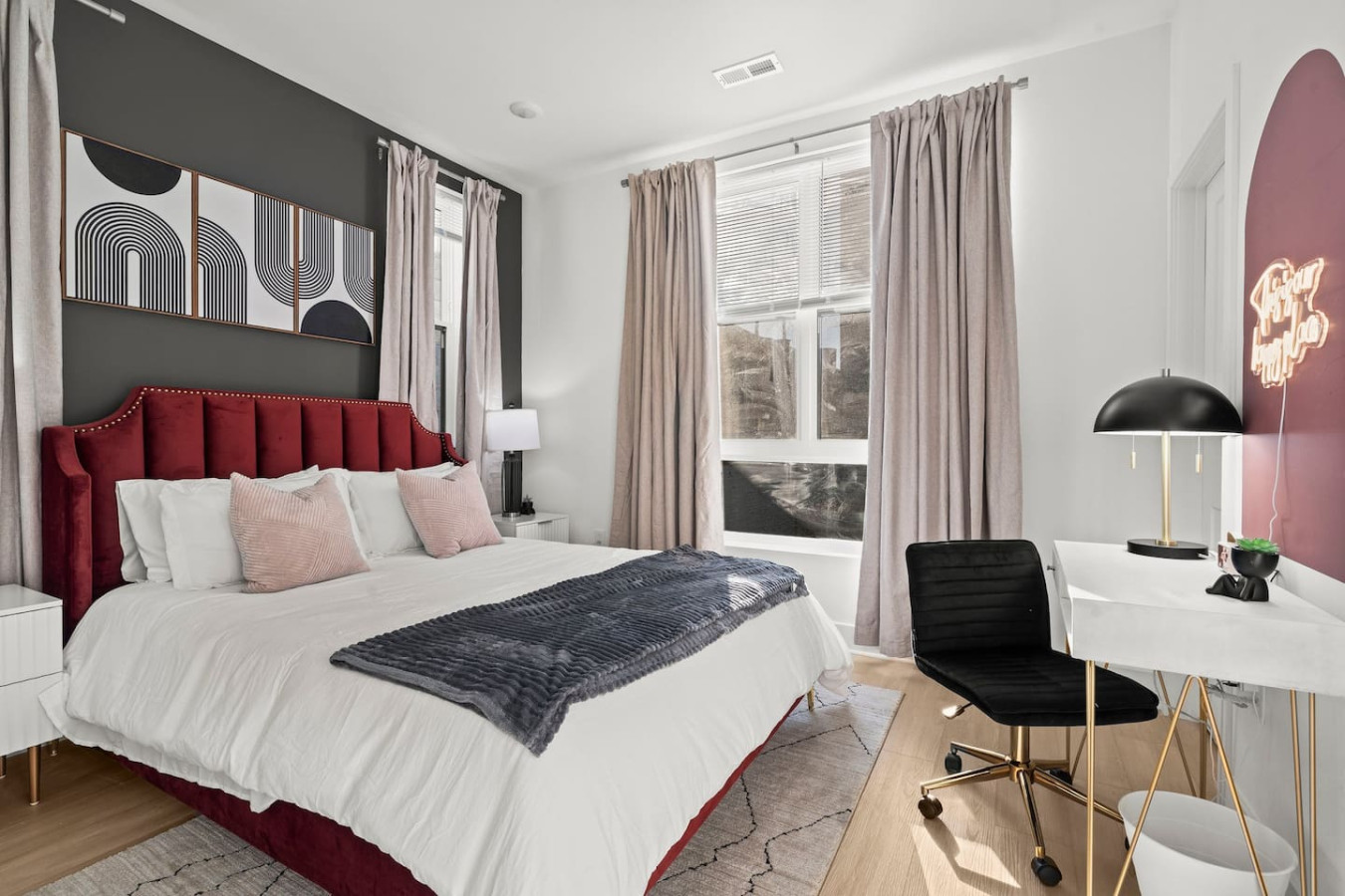 Luxe Bedroom with Queen Size Bed, Side Tables, Table Lamps, and Work Space. Ample Natural Lighting with Blinds & Blackout Curtains for a restful sleep