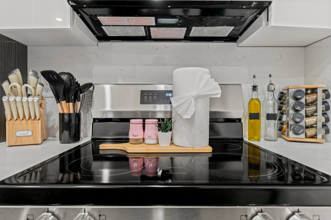 Electric stove with everything you need to cook a quick or gourmet meal: knife set, utensils, salt/pepper, paper towel, oil, and a plethora of spices.