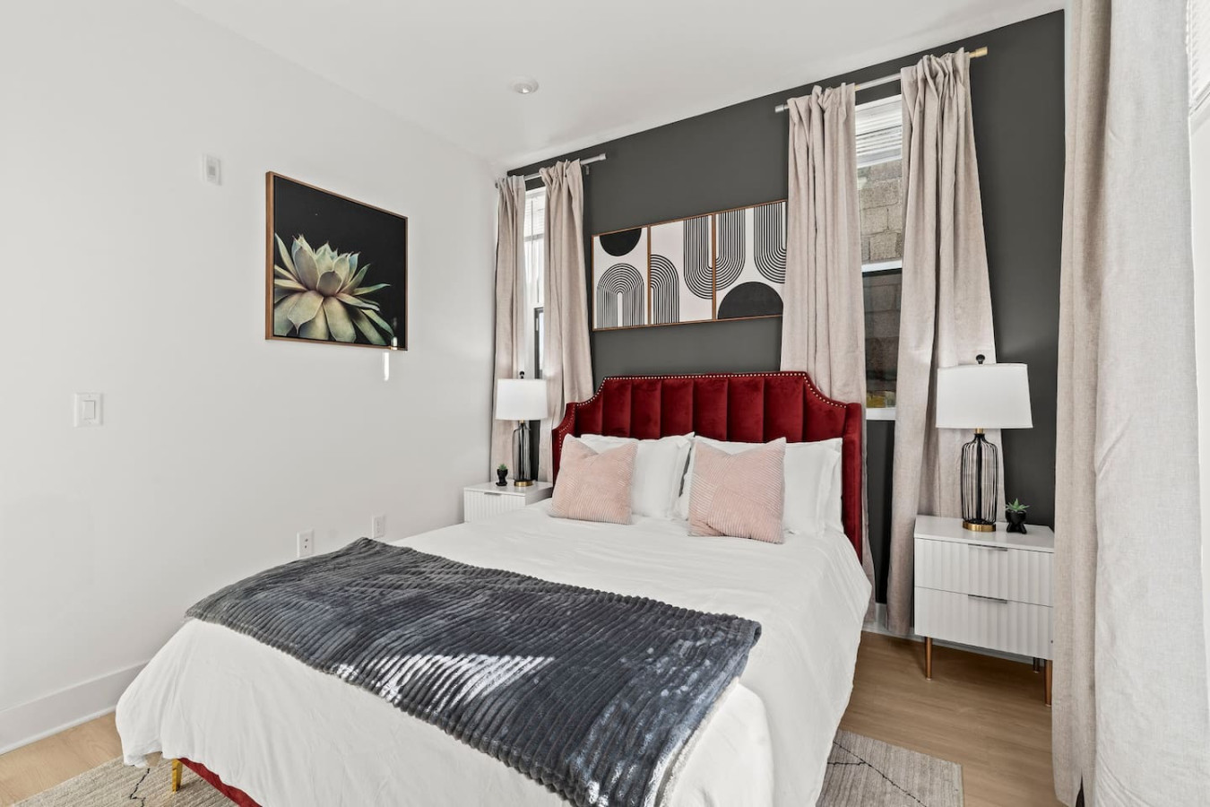 Spacious bedroom with a plush queen-size bed that comfortably sleeps 2