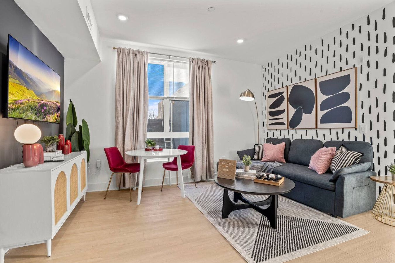 Cozy living room equipped with a sofa bed that sleeps up to 2 people + a 55" Smart TV that can be used for your favourite streaming services