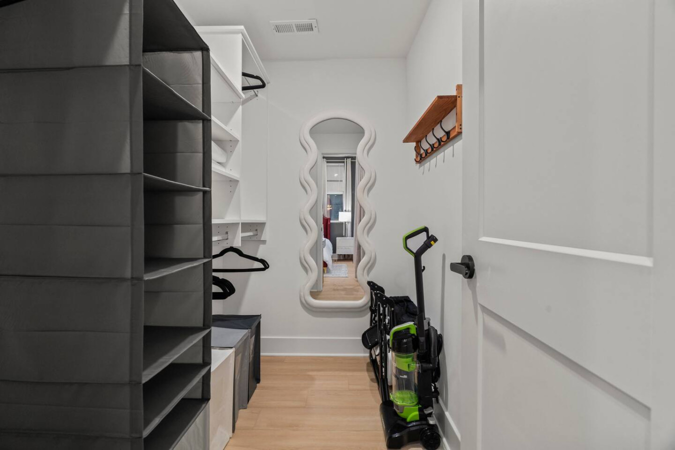 Walk-In Closet with Full Length Mirror, Wall Hooks, Clothing Storage, Hangars