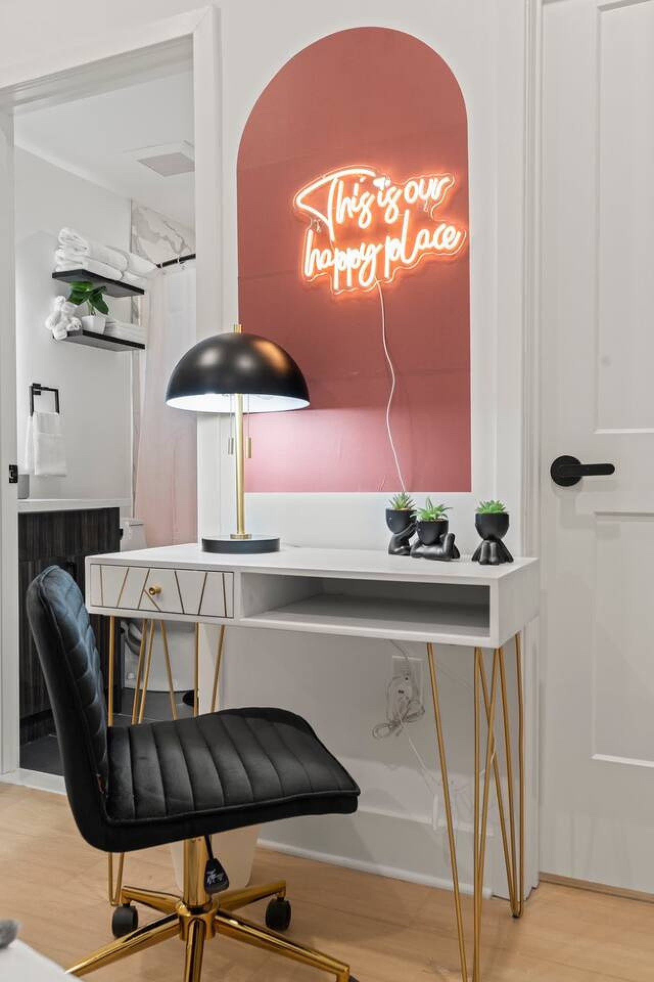 This cozy workspace area is perfect for productivity. Enjoy natural light, a comfortable chair, and a stylish desk setup. Ideal for work-from-home needs or planning your Dallas adventures.