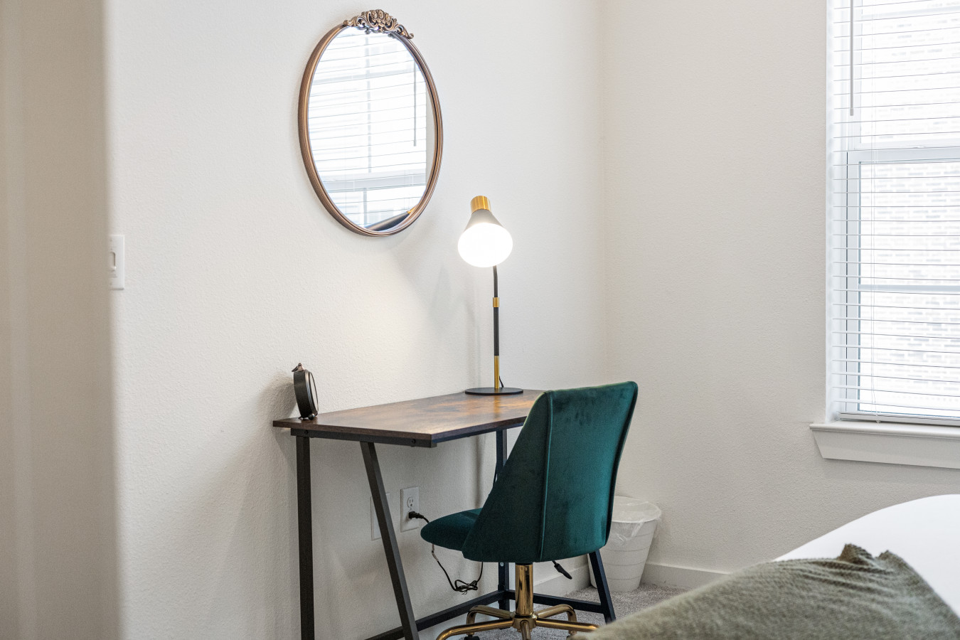 Need to get some work done during your stay? This cozy corner desk with a comfy velvet chair and natural light is the perfect setup for remote work or planning your day.