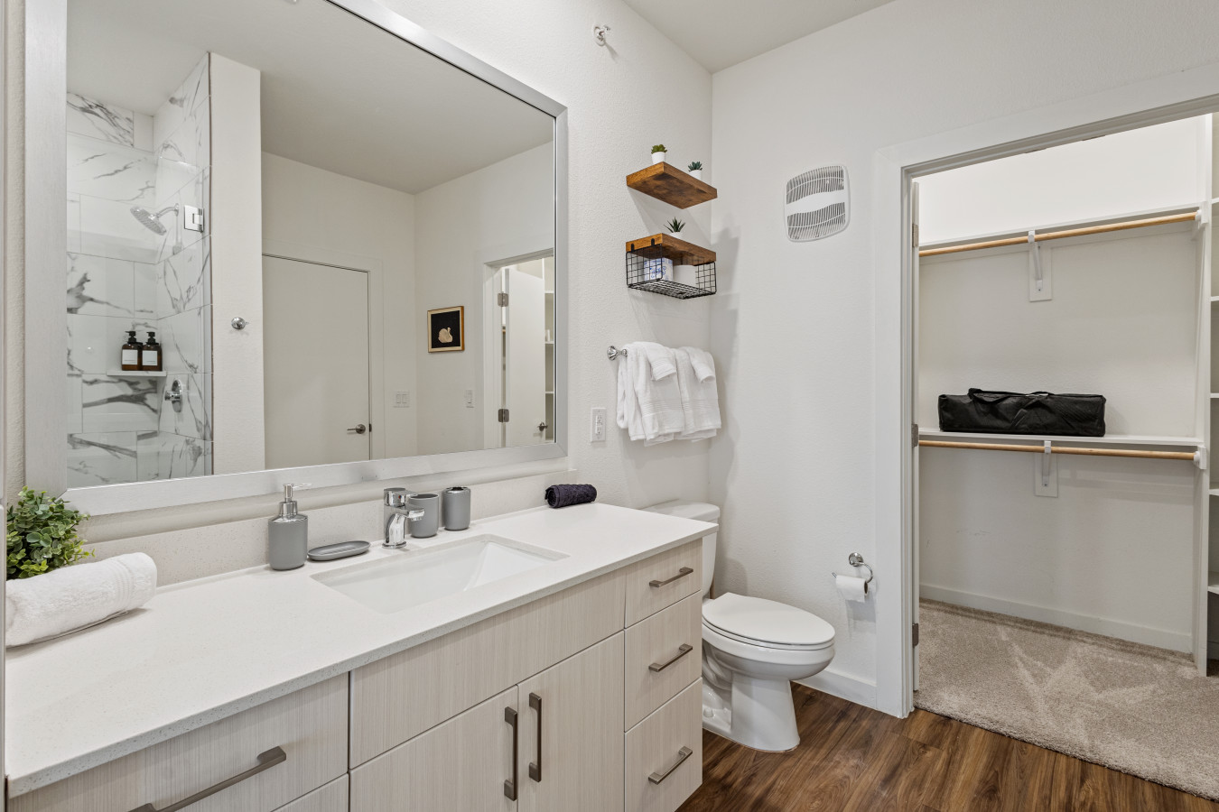 Spacious modern bathroom featuring a sleek vanity, ample storage, and direct access to a walk-in closet for added convenience.