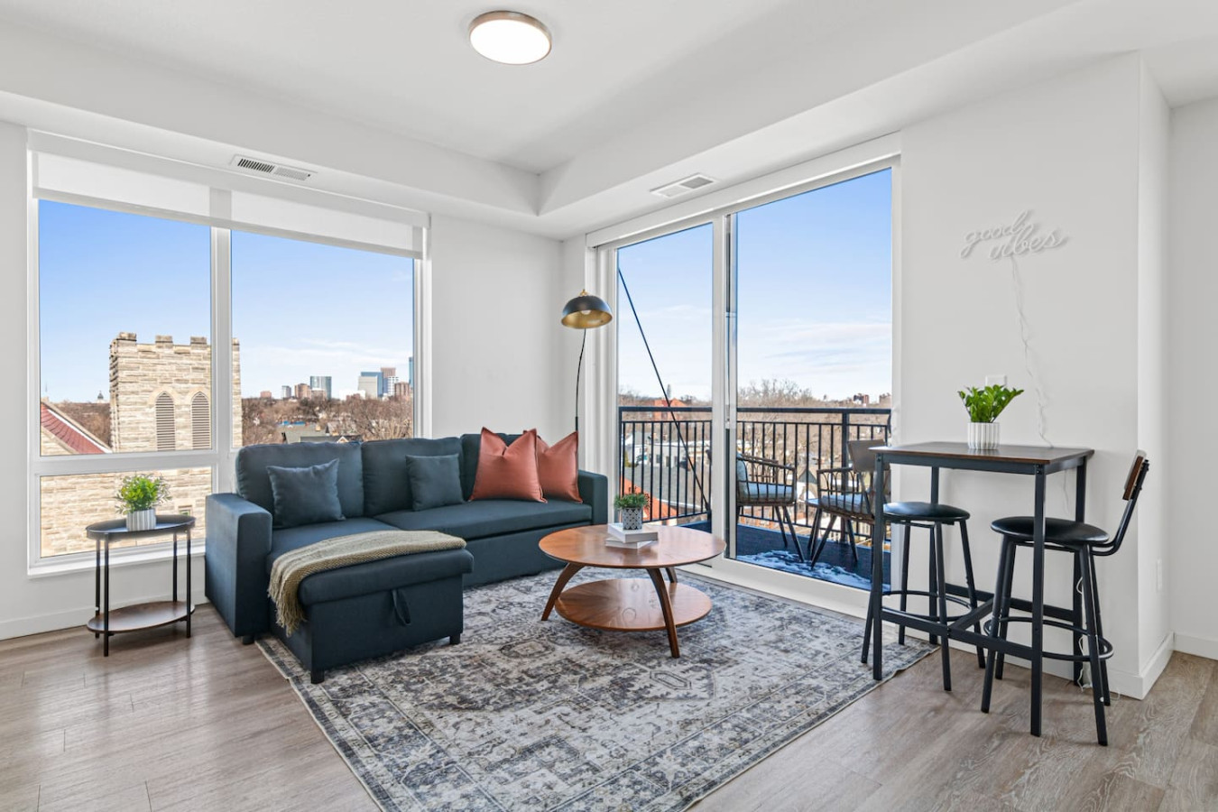 Spacious living room with stylish decor, perfect for unwinding after a day of exploring the local area.