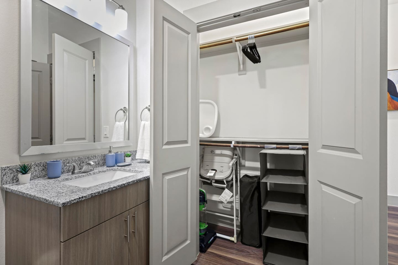 Neatly designed closet with hanging space and shelves, making it easy to stay organized and comfortable throughout your visit.