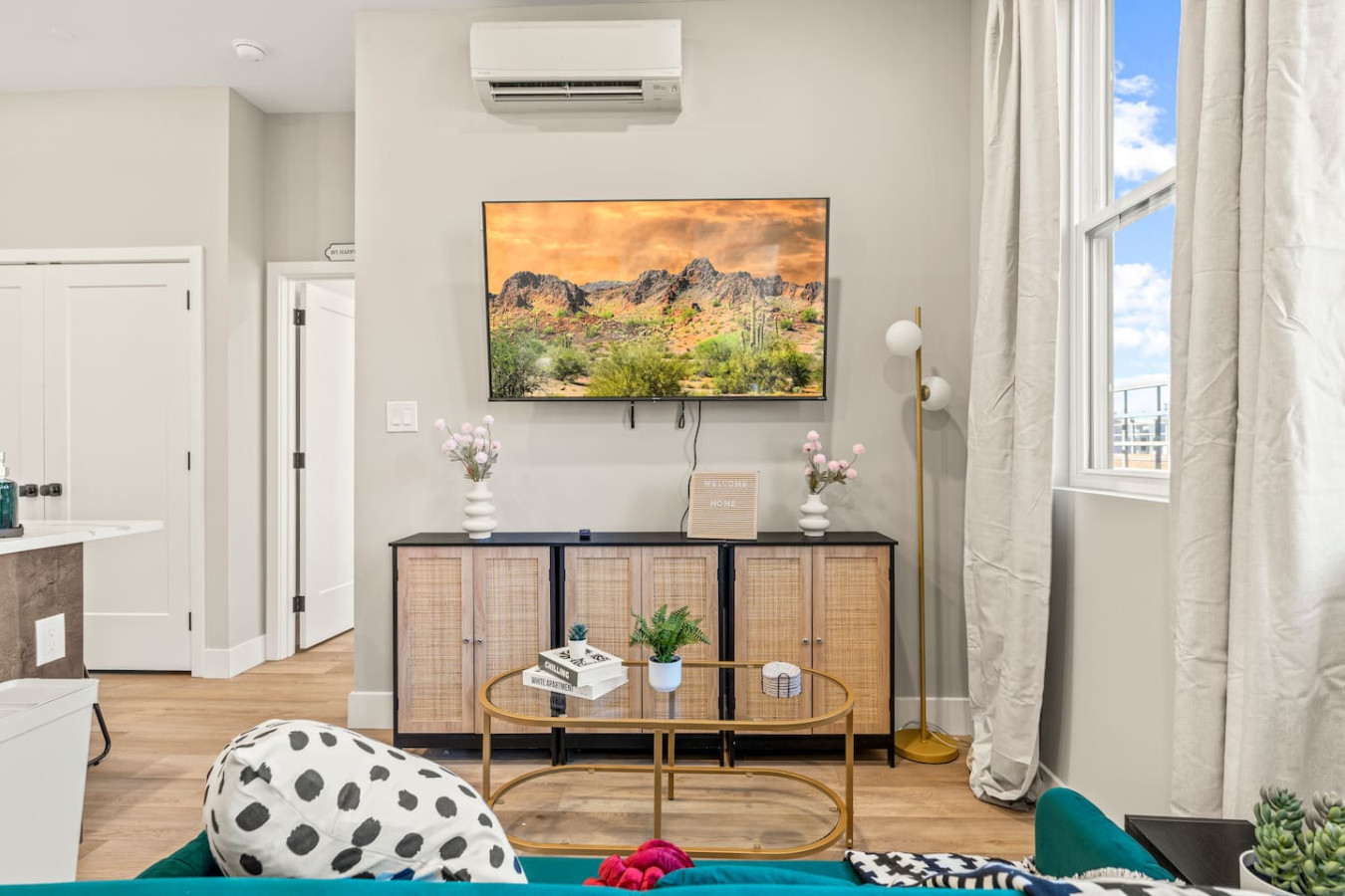 Relax in the living room and watch your favorite shows, lounging is a great way to unwind after a long day.