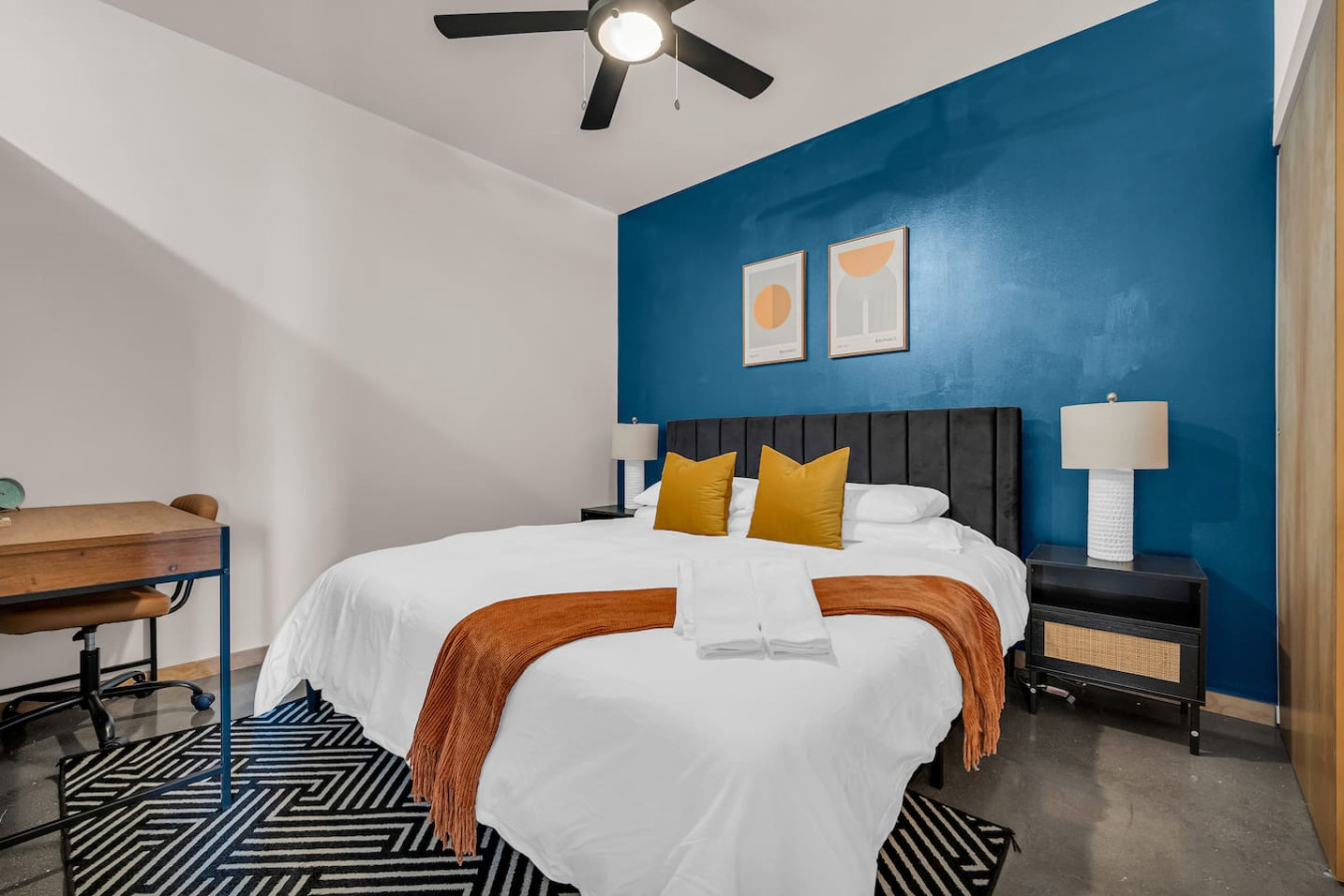 As you enter the bedroom, the comfortable bedding and peaceful atmosphere create the perfect retreat from the day.