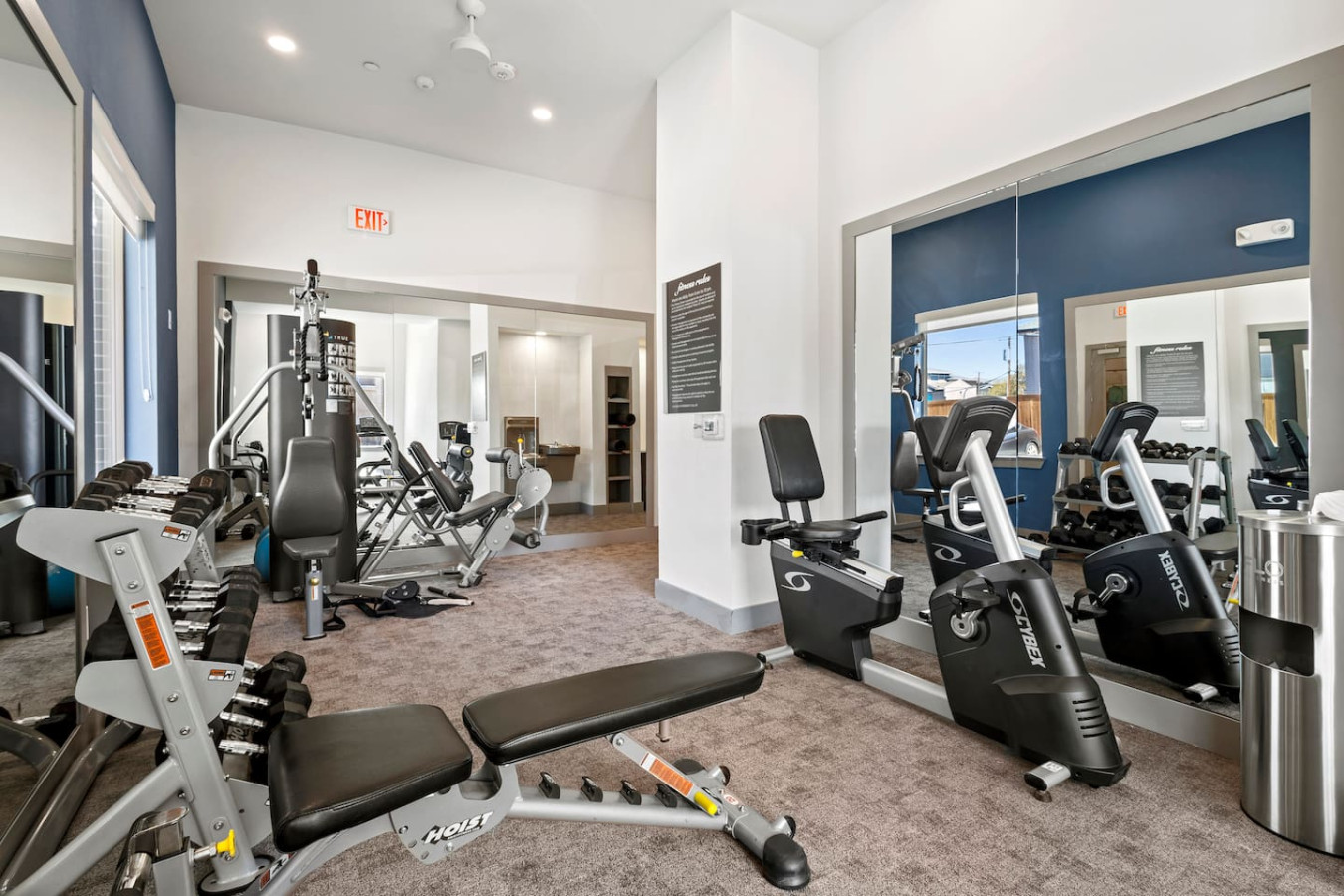 Spacious, well-lit gym equipped with a variety of cardio machines, free weights, and strength-training equipment.