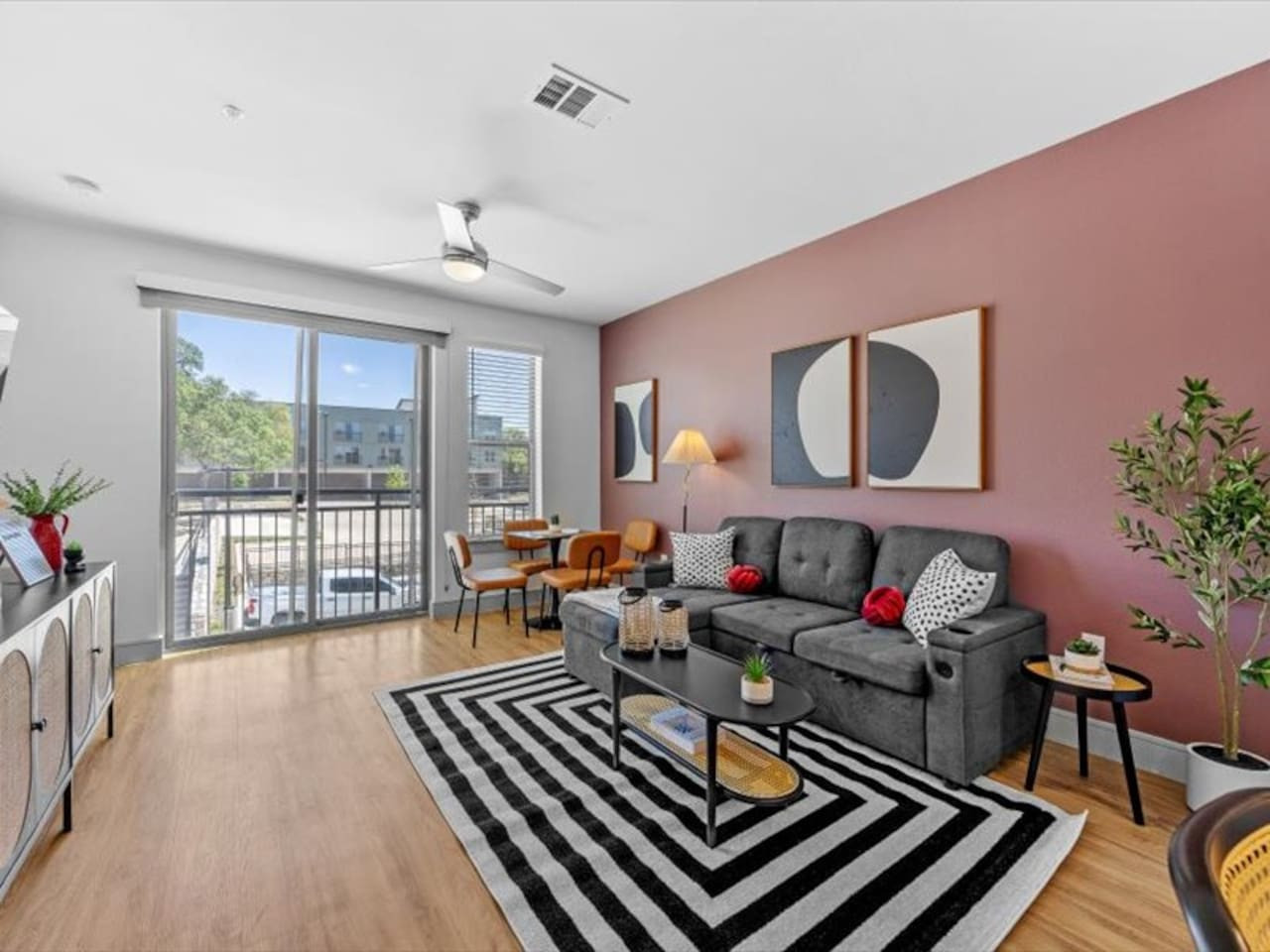 As you take a seat in the living room, the comfortable furniture and tasteful design make it easy to unwind.