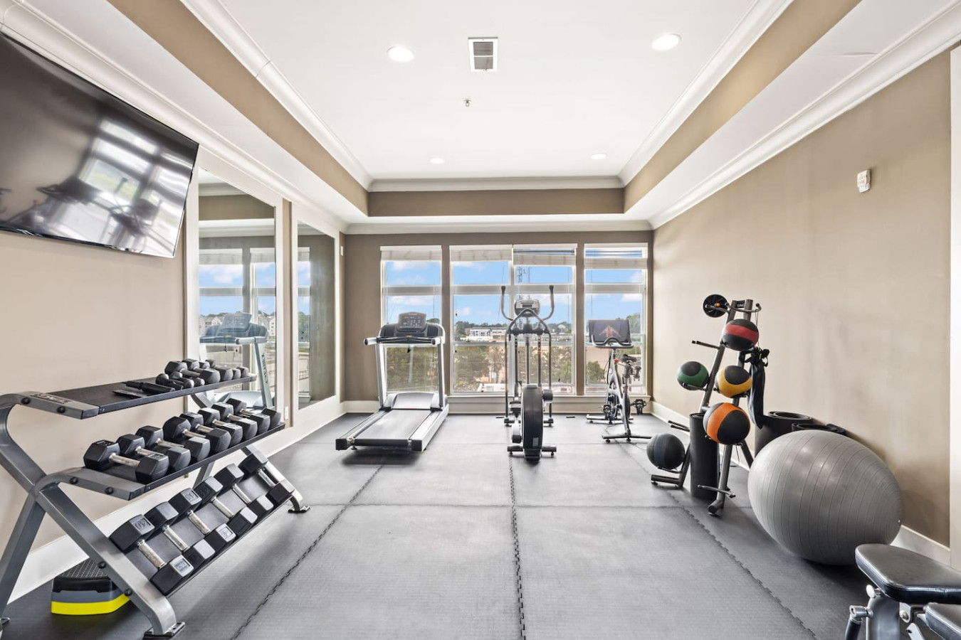 Private home gym with professional-grade equipment and panoramic views. Skip expensive gym memberships and work out in luxury.