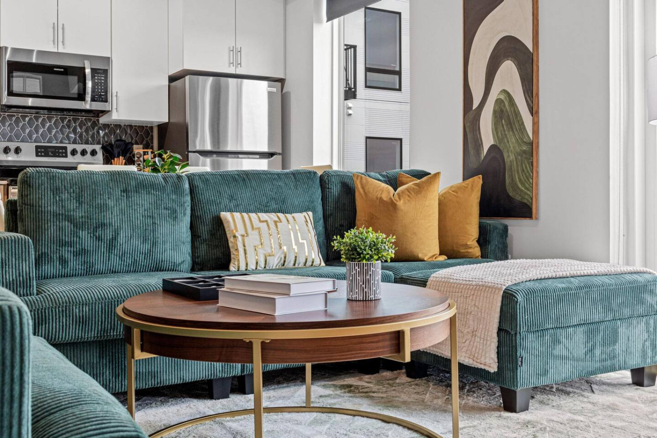 Spacious living room with a modern convertible Sofa bed to enjoy movie nights and accommodate more guests to sleep