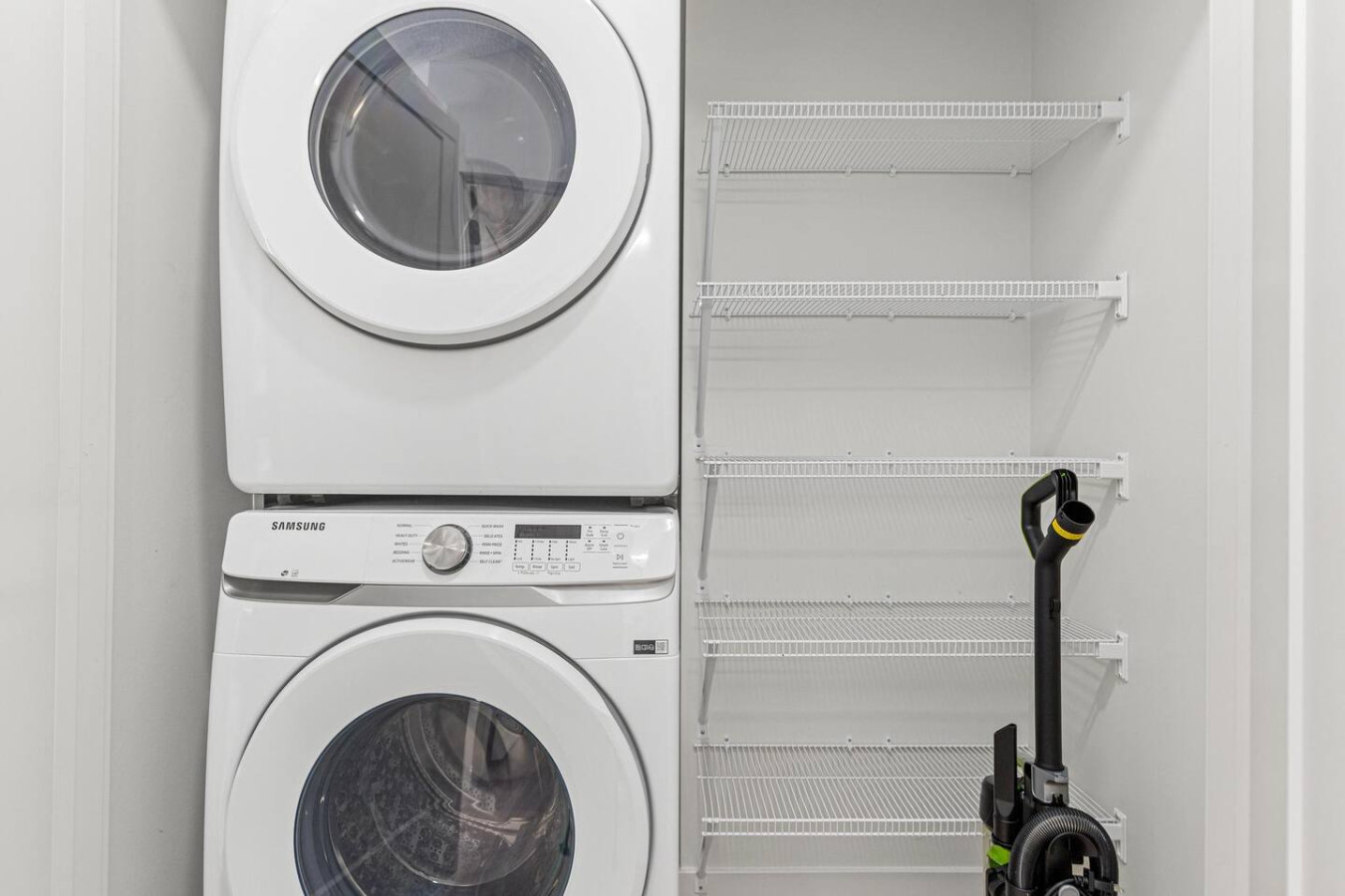 Keep your space spotless with in-unit laundry, storage shelves, and cleaning essentials.