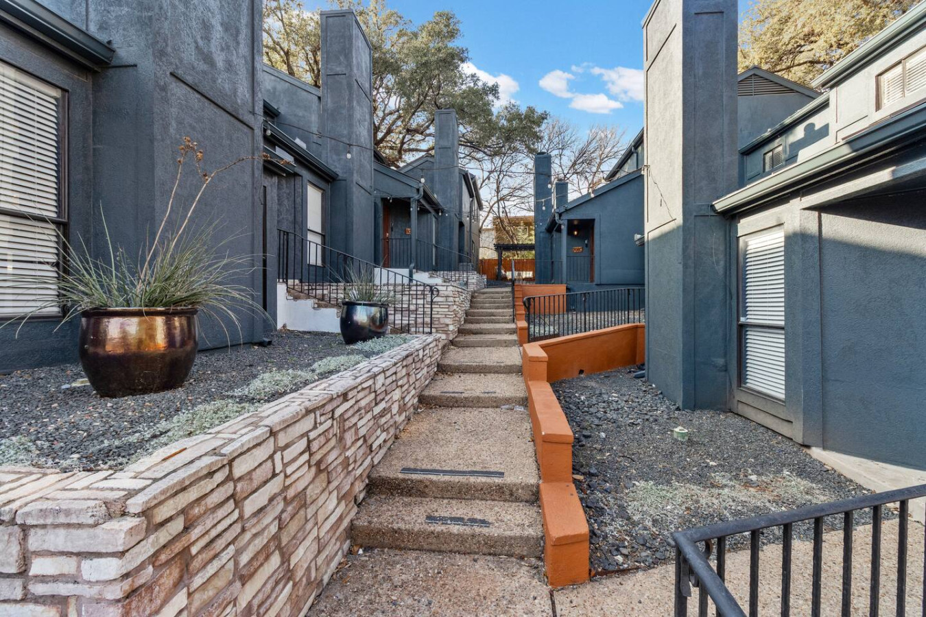 Central walk way shared by other apartments and how to get to the dog park and parking lot