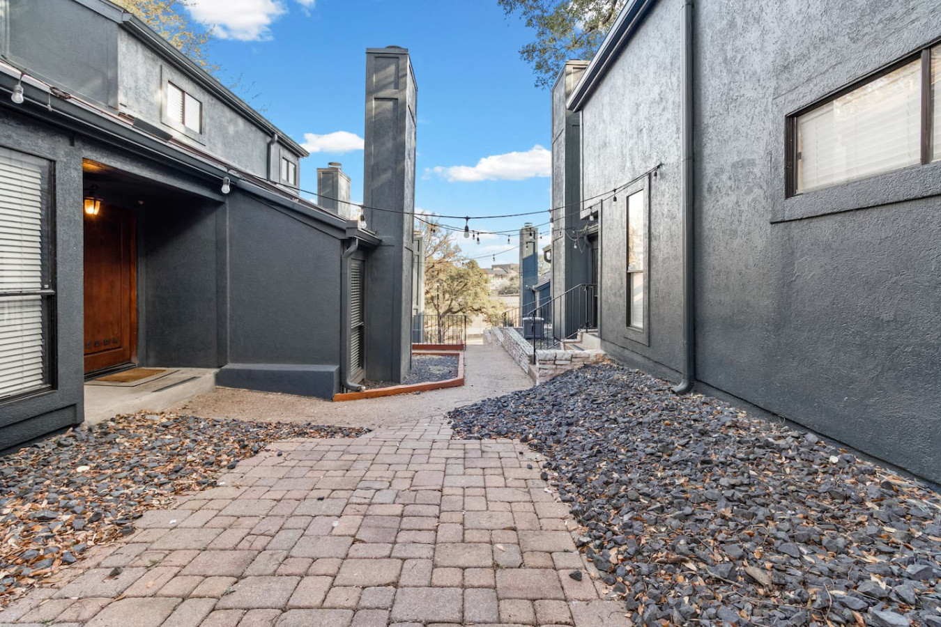 Central walk way shared by other apartments and how to get to the dog park and parking lot