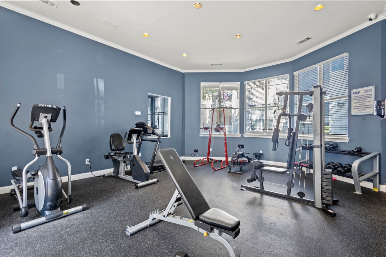 Well-equipped on site gym with modern machines and free weights to keep up with your fitness routine.