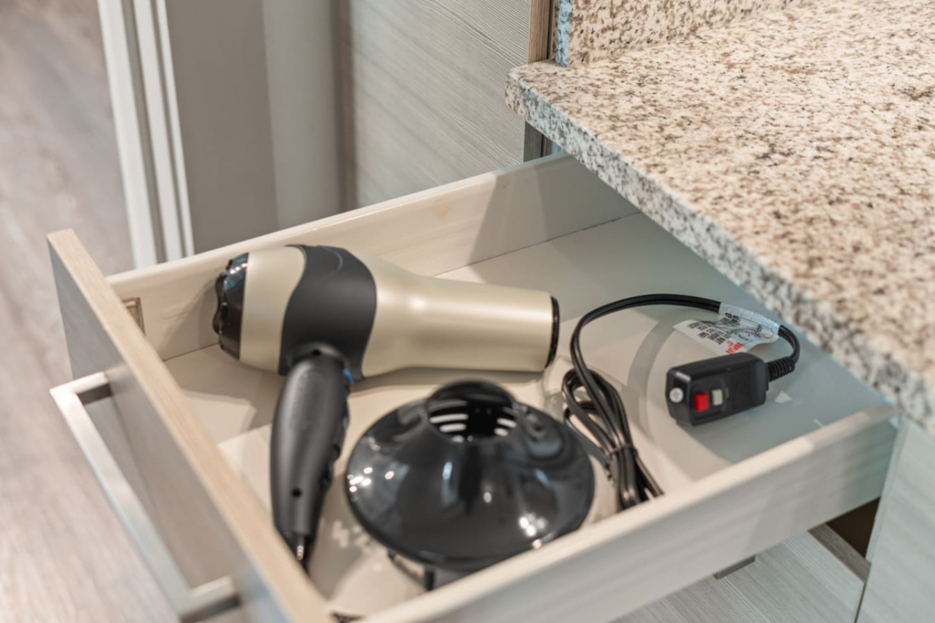 Hair dryer provided in the bathroom vanity drawer — one less thing to pack. Get ready in comfort before heading out to explore downtown Atlanta.