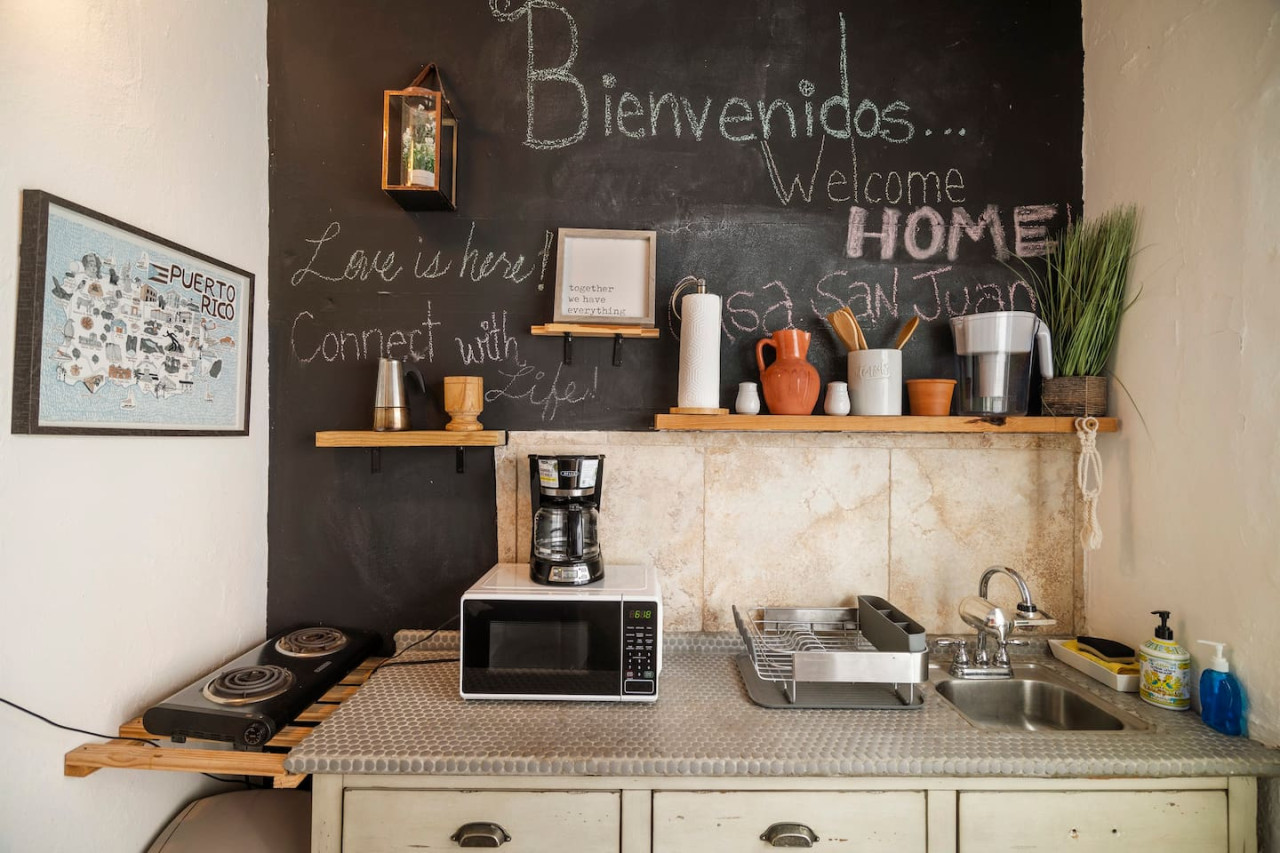 Kitchen with a microwave and a coffee maker on the counter — Sunset Haven | Ocean Breeze | Old San Juan, Old San Juan