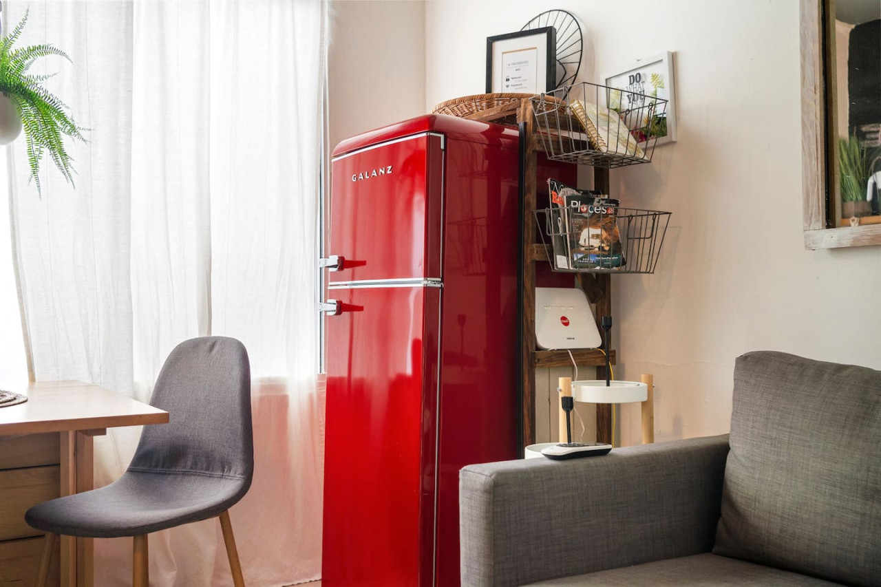 Red vintage refrigerator in a kitchen — Sunset Haven | Ocean Breeze | Old San Juan, Old San Juan