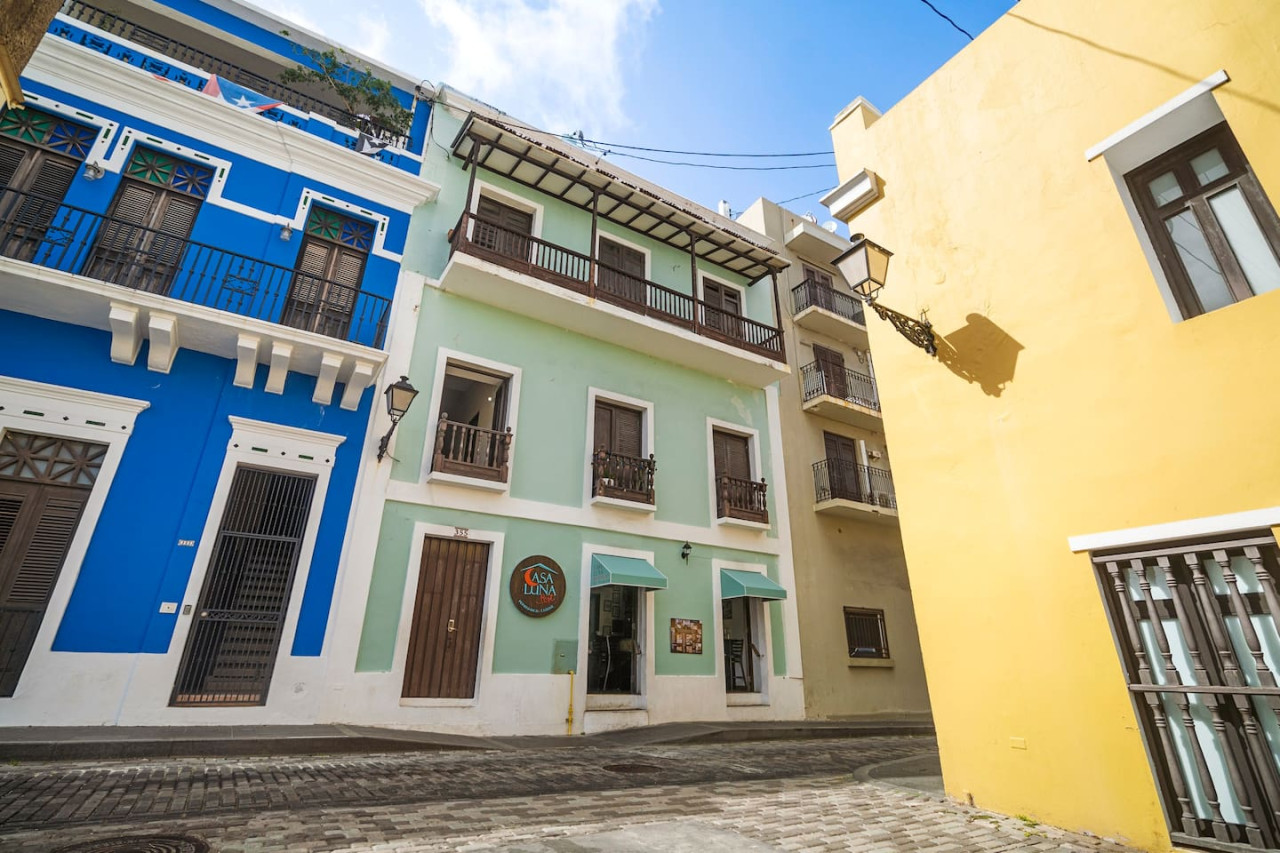 Blue and white building with a balcony (exterior 2) — Sunset Haven | Ocean Breeze | Old San Juan, Old San Juan