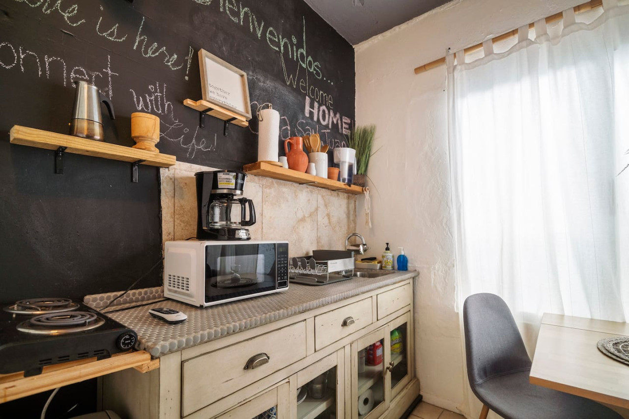 Kitchen with a microwave and a coffee maker — Sunset Haven | Ocean Breeze | Old San Juan, Old San Juan