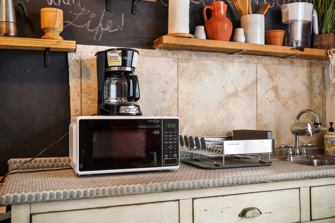 Kitchen with a microwave and a coffee maker (kitchen 2) — Sunset Haven | Ocean Breeze | Old San Juan, Old San Juan