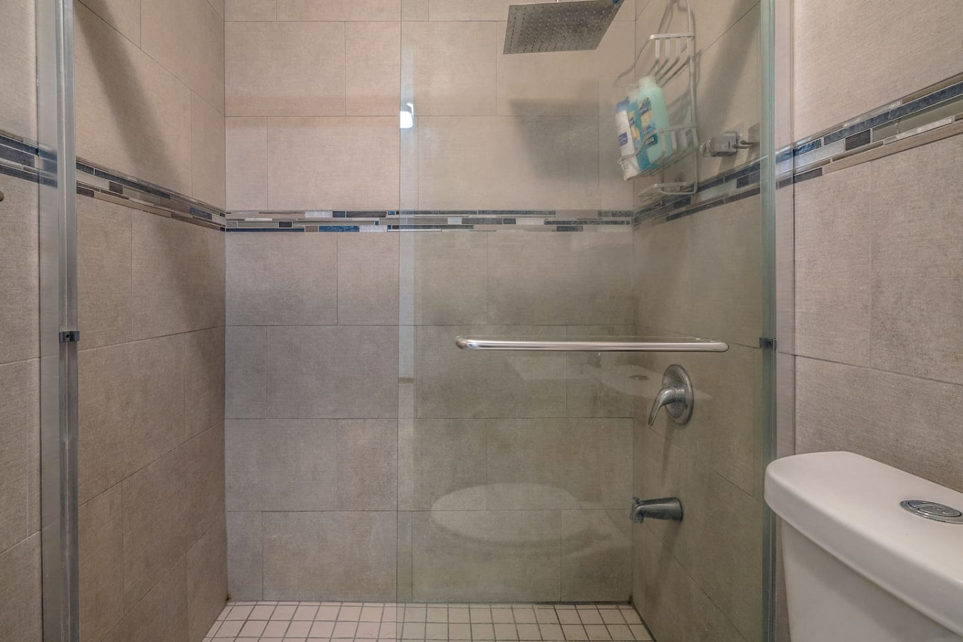 Shower stall with glass door and silver handle — Condado Penthouse