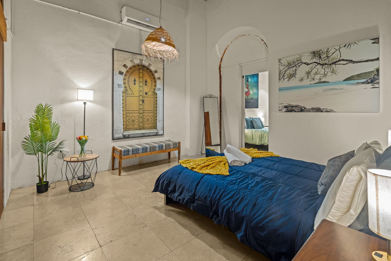 Bedroom with a blue bedspread and a blue comforter — Grand Palazzo del Mar, Old San Juan