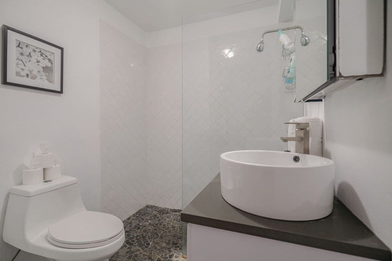 Bathroom with a vessel sink, a toilet and a tiled shower — Punta Las Marias Studio - Short Walk to the Beach, Santurce