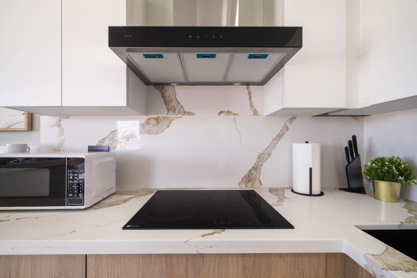 Kitchen with a black stove top oven and a marble countertop — MoonJoy Chic 2BR Apartment Private Patio, Carolina