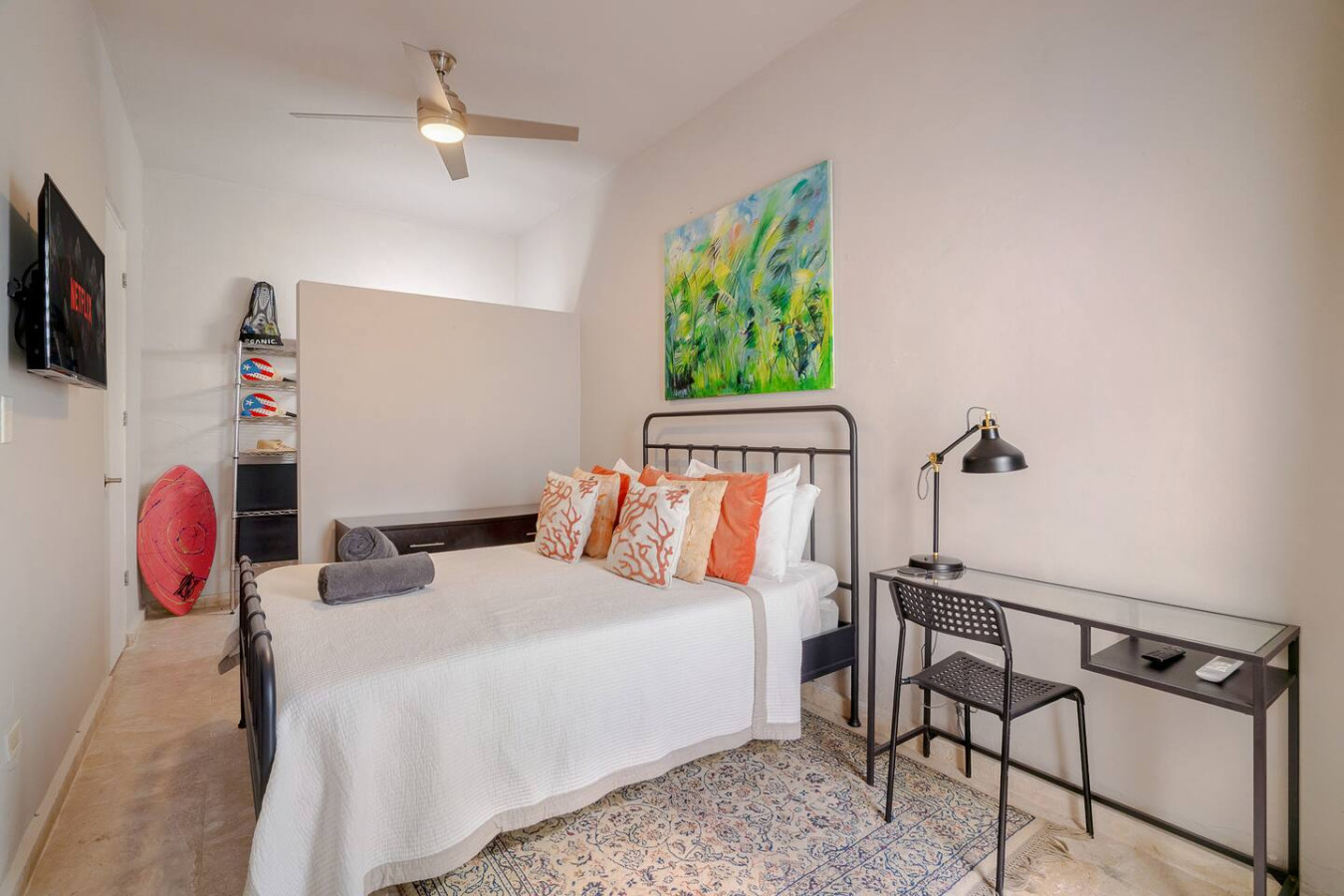 Bedroom with a bed, a lamp, and a painting on the wall — Historical Old SanJuan Spanish style private Patio, San Juan