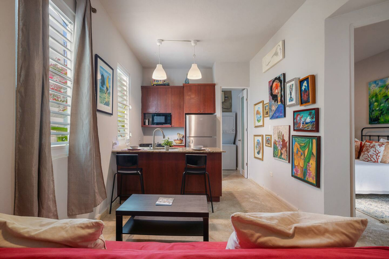 Kitchen with a refrigerator, microwave, and sink — Historical Old SanJuan Spanish style private Patio, San Juan