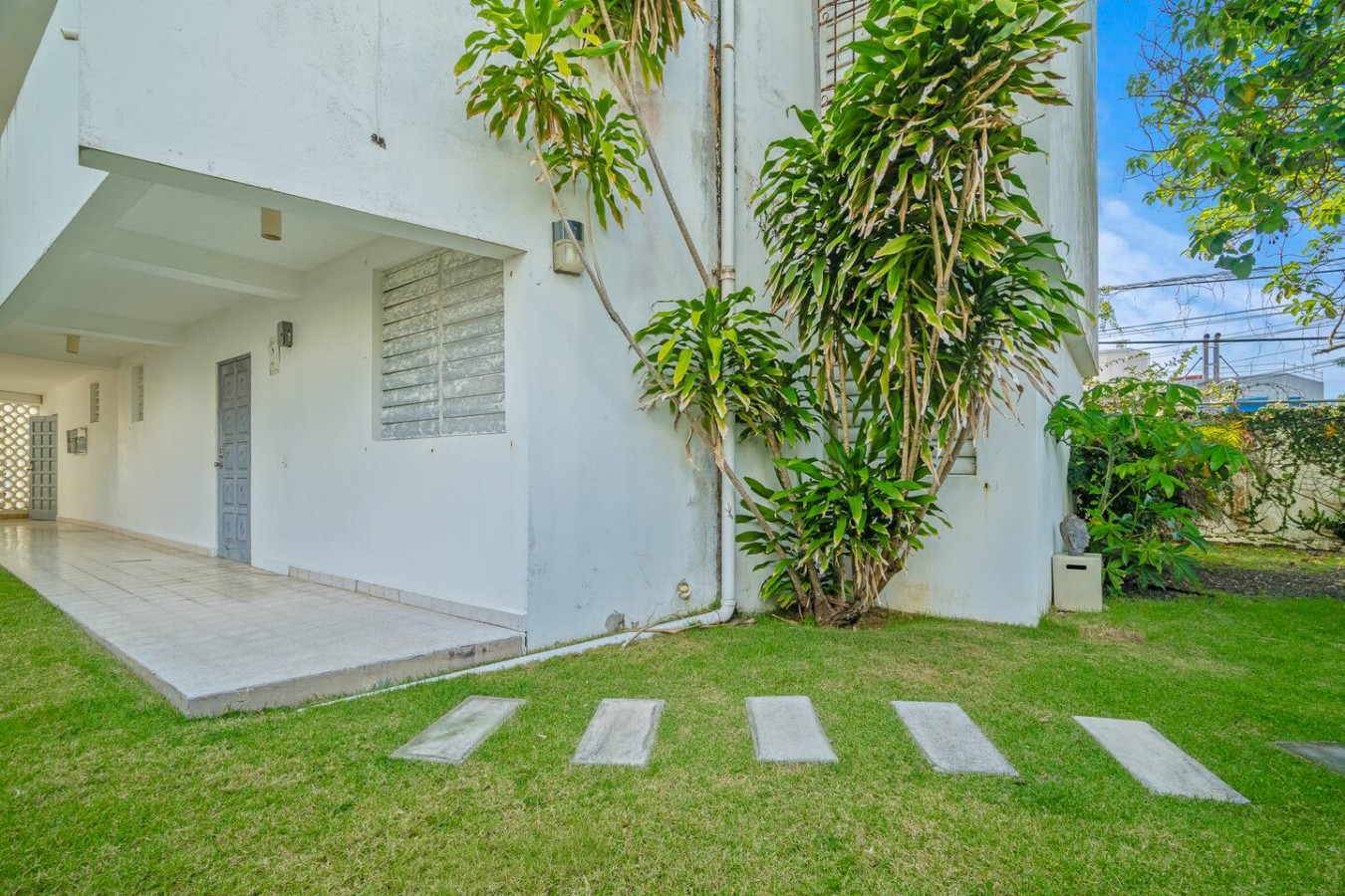 White building with a green tree in front of it — Ocean Park 2BR Backyard BBQ Walk to Beach, Santurce