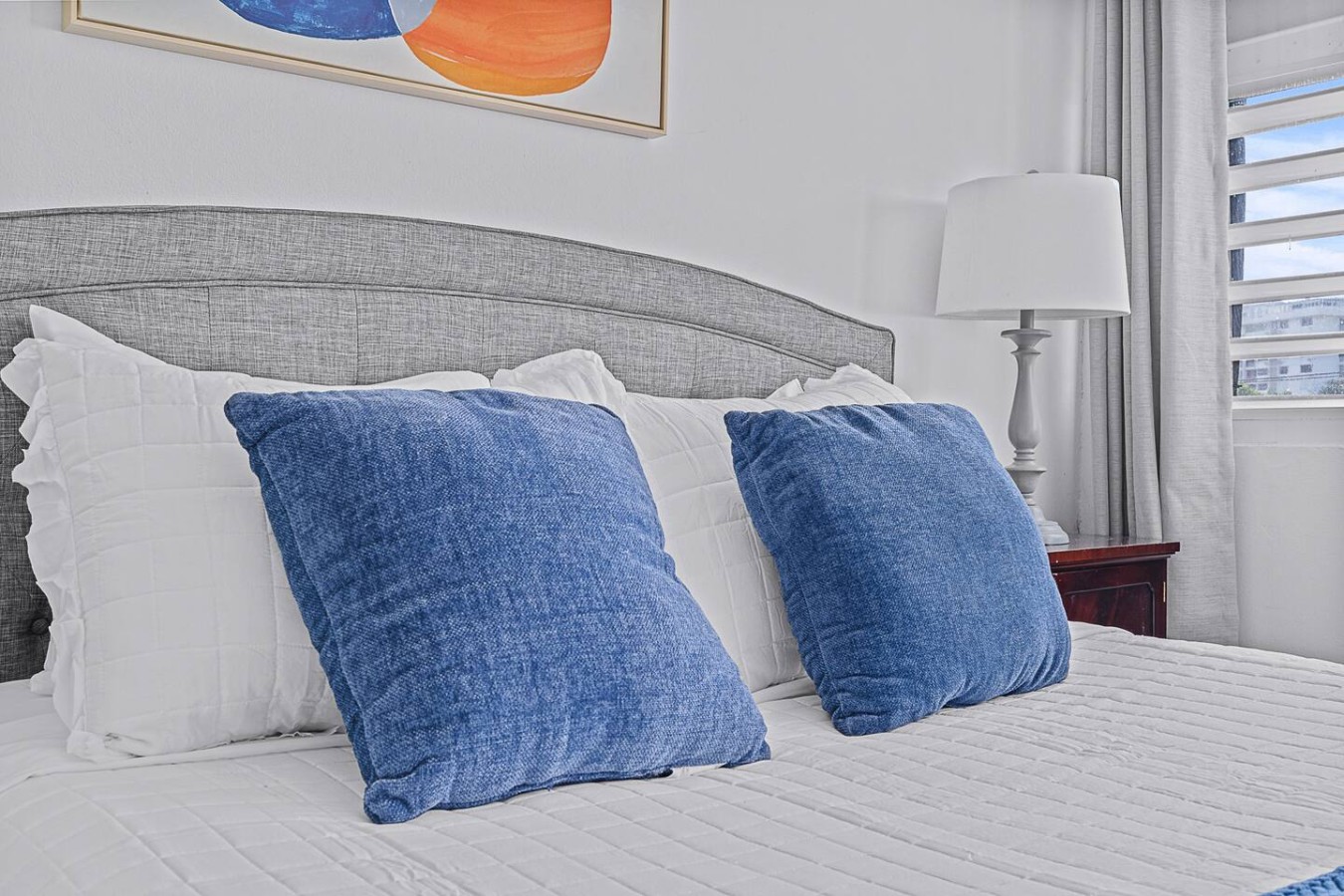 Two blue pillows on a bed — Ocean Park 2BR · Steps to Beach & Dining, Santurce