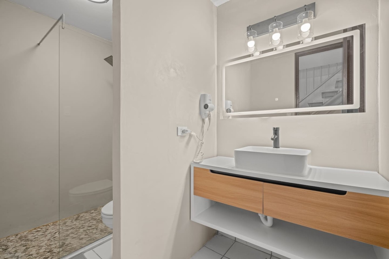 Bathroom with a vessel sink and a walk-in shower — Beachside Villa Dorado Pool Beach Access