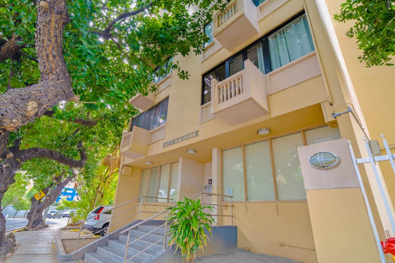 View of the building from the street — Casa Celeste | Sunlit Tropical Stay in Condado, Santurce