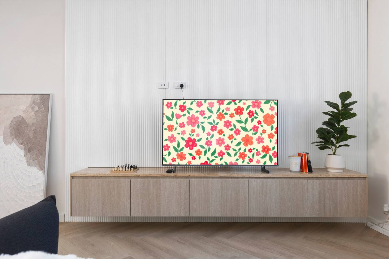 A cozy and stylish living room with warm tones, a sleek entertainment setup, and a chessboard for thoughtful moments. By Superhostly
