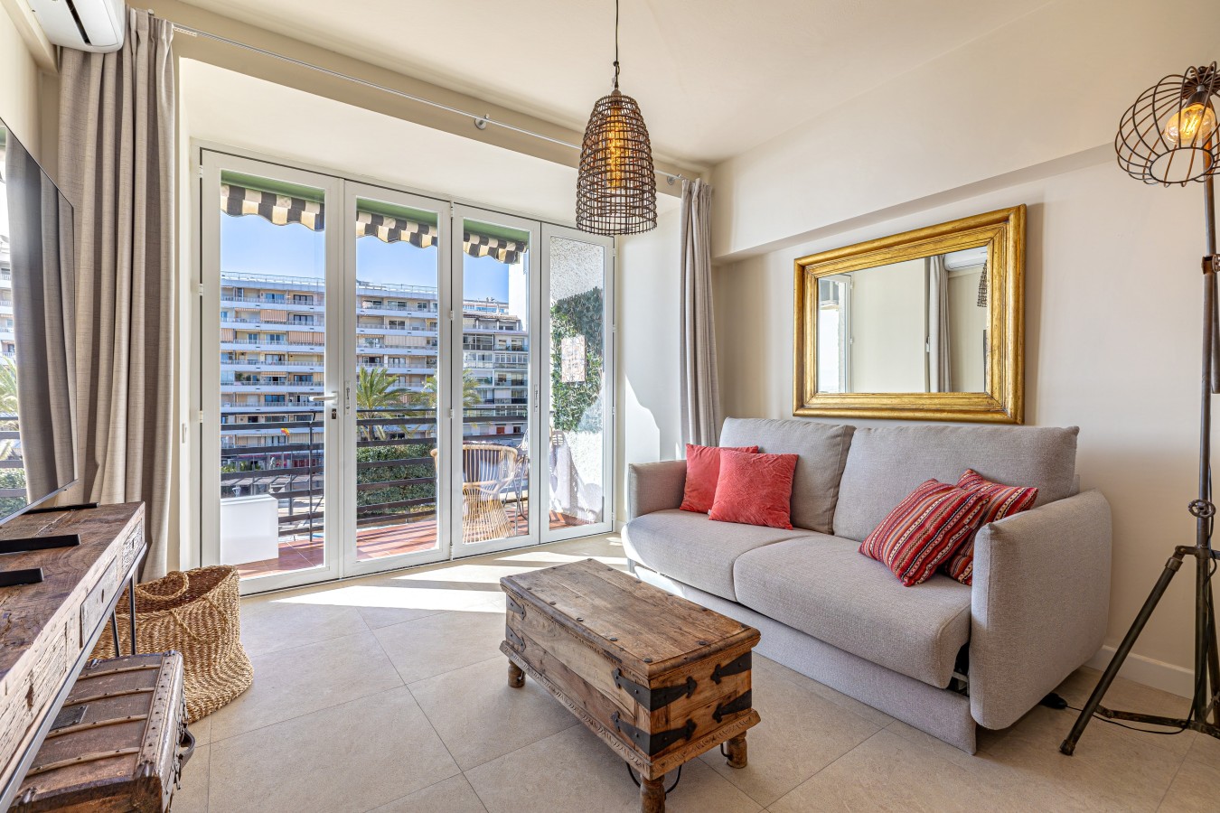 Living room seating with the terrace doors alongside