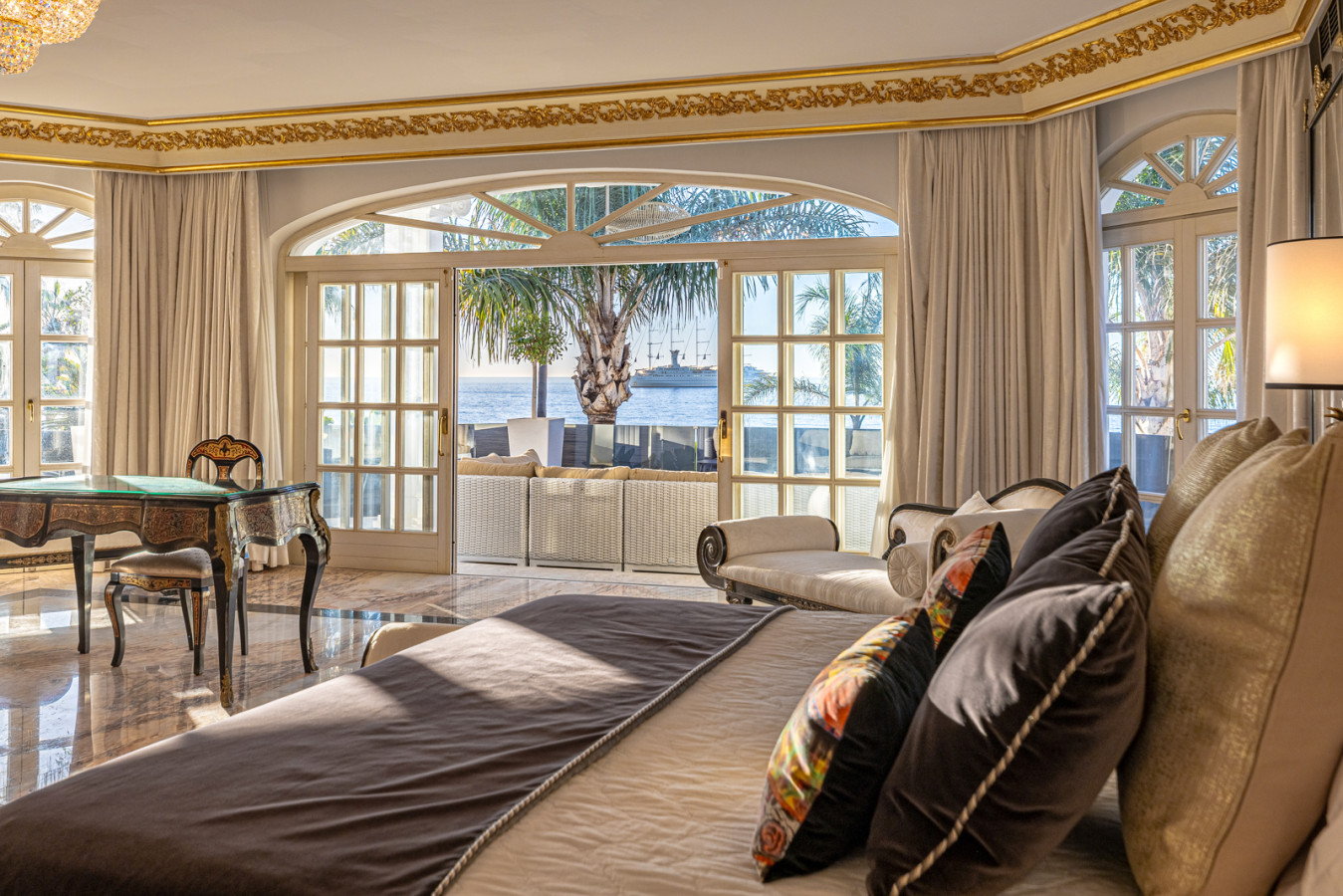 Master bedroom with two en-suite bathrooms, terrace, sea views, chimney, and dressing room
