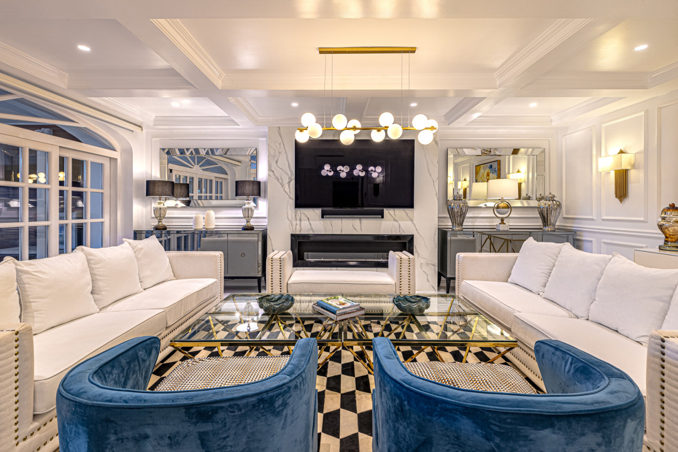 Cinema room with 10-person seating and 75-inch TV