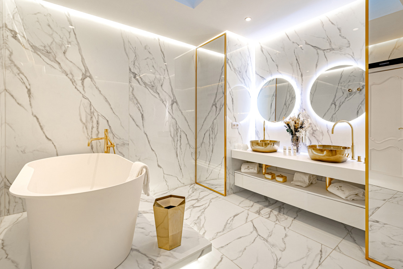 Master bedroom first en-suite bathroom with bath and shower