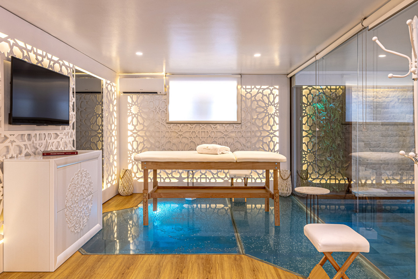 Spa wellness area massage table and TV